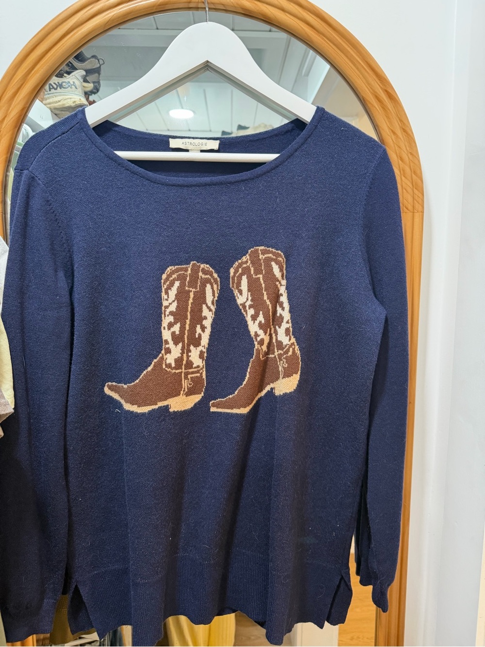 Navy Crewneck Sweater with Brown Cowboy Boot from Cracker Barrel